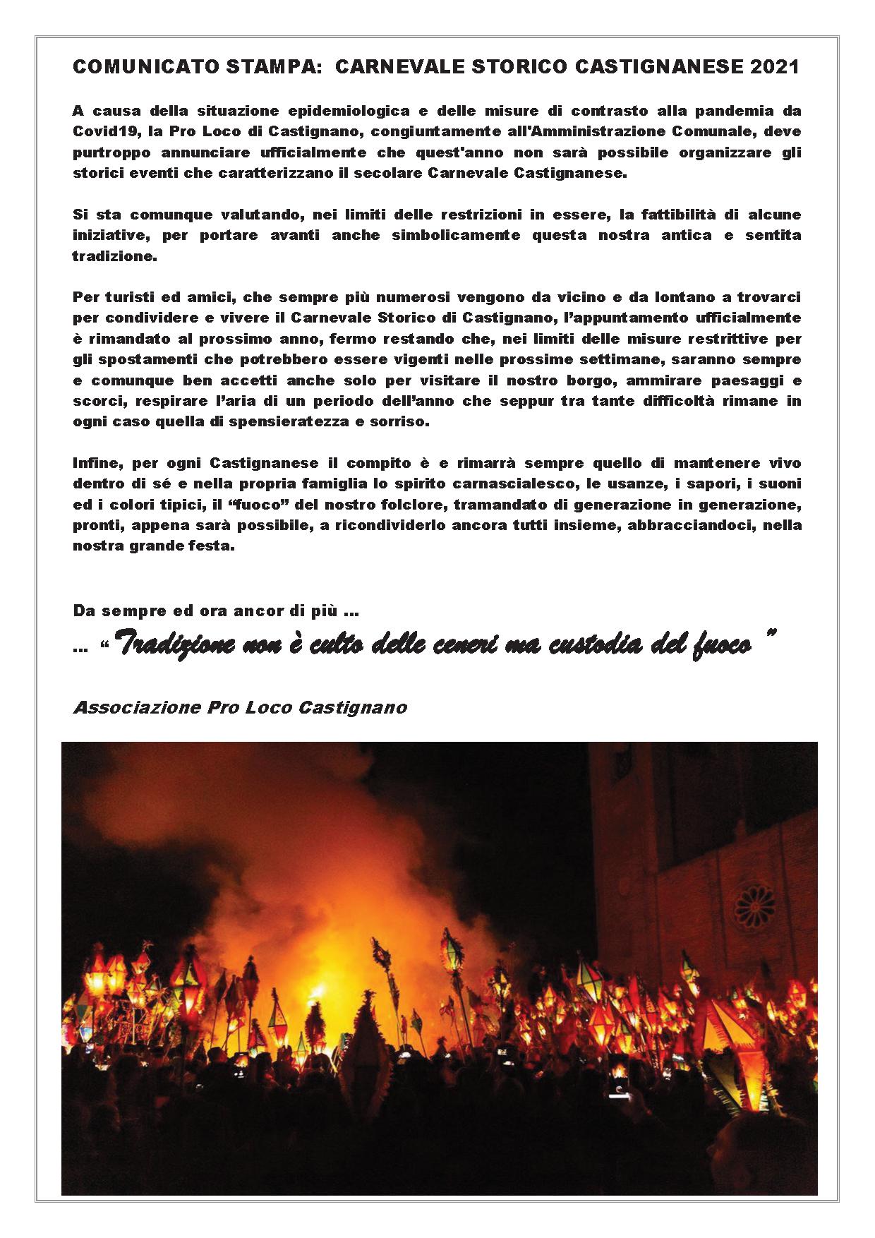 Comunicato stampa Carnevale Storico Castignanese 2021